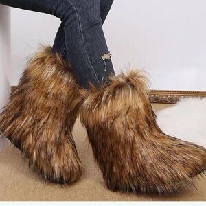 Furry faux fur boots size 7.5 mid calf